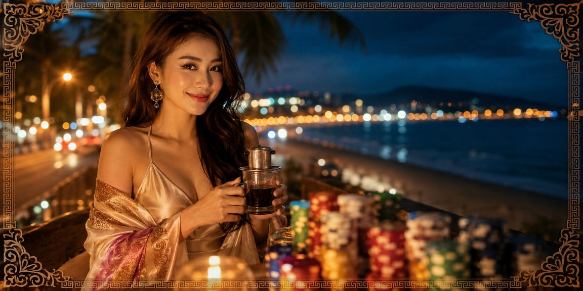Người dùng tại Mũi Né ngồi cà phê và thực hiện giao dịch tài chính cá cược trực tuyến